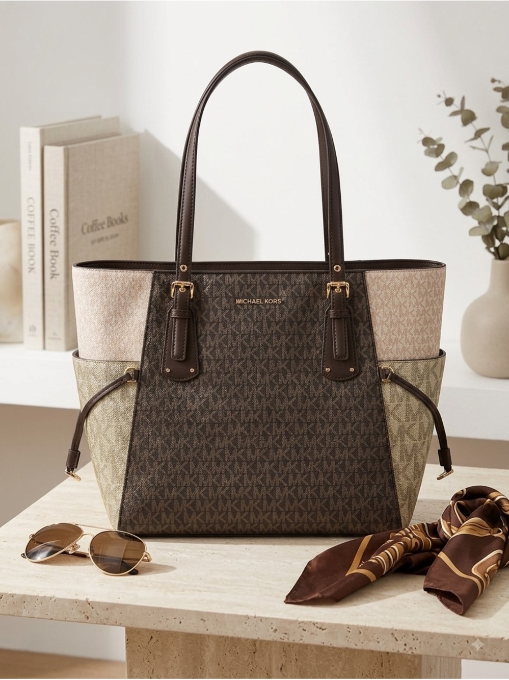 FLASH SALE 🚨Michael Kors Brown Multicolor MK Logo Tote with Pink & Beige Panels